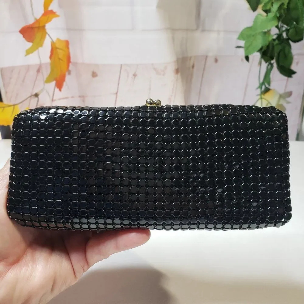 Vintage Warren Reed Black Metal Mesh Vanity Mirror Top Clutch